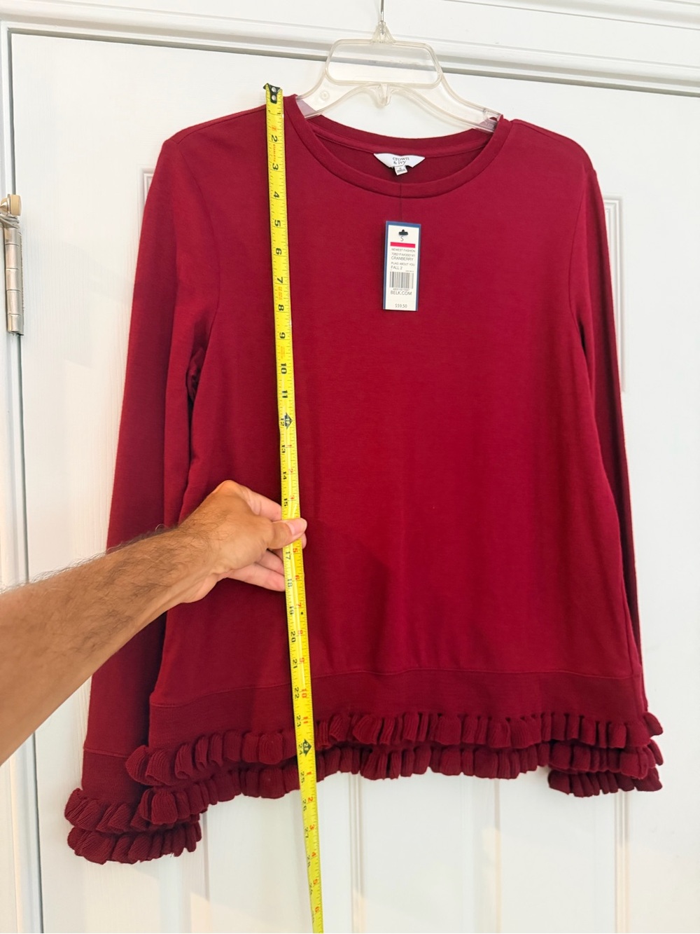 NEW $60 Ladies Size Small "crown & ivy" Burgundy Ruffle-Hem Long Sleeve Top GUC - Picture 6 of 8